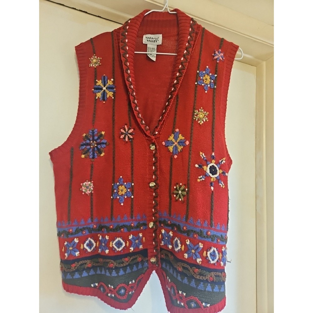 Vintage Napa Valley,  Sweater Vest,‎ Medium M,  Embroidered. Wool Blend. Red